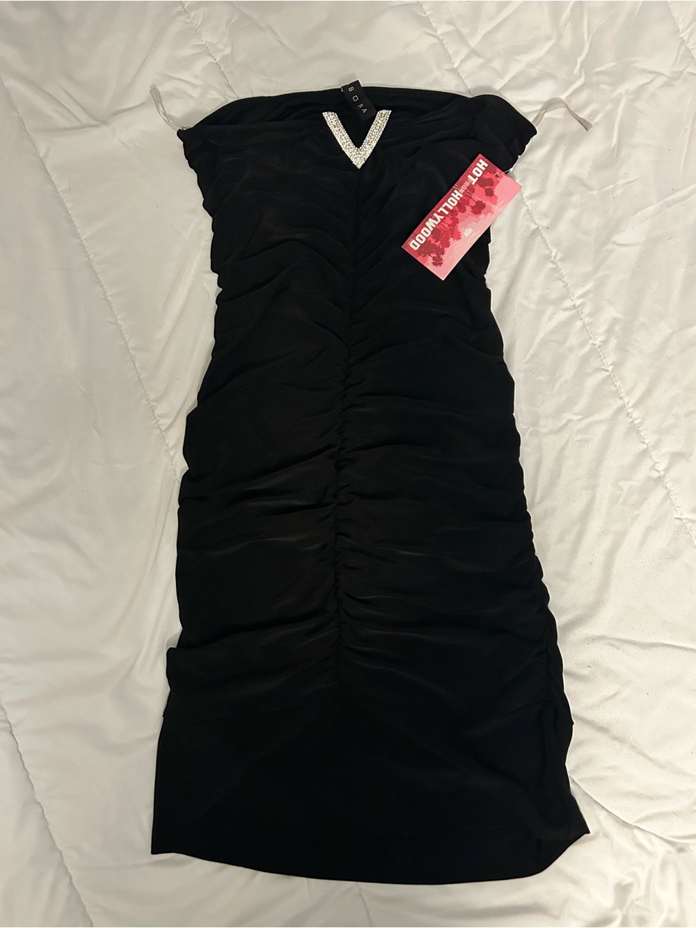 Crystal-Trim Black Ruched Bodycon Dress